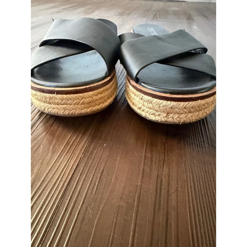 Michael Kors Black Leather Crisscross Espadrille Platform Slide Sandals Women 7M